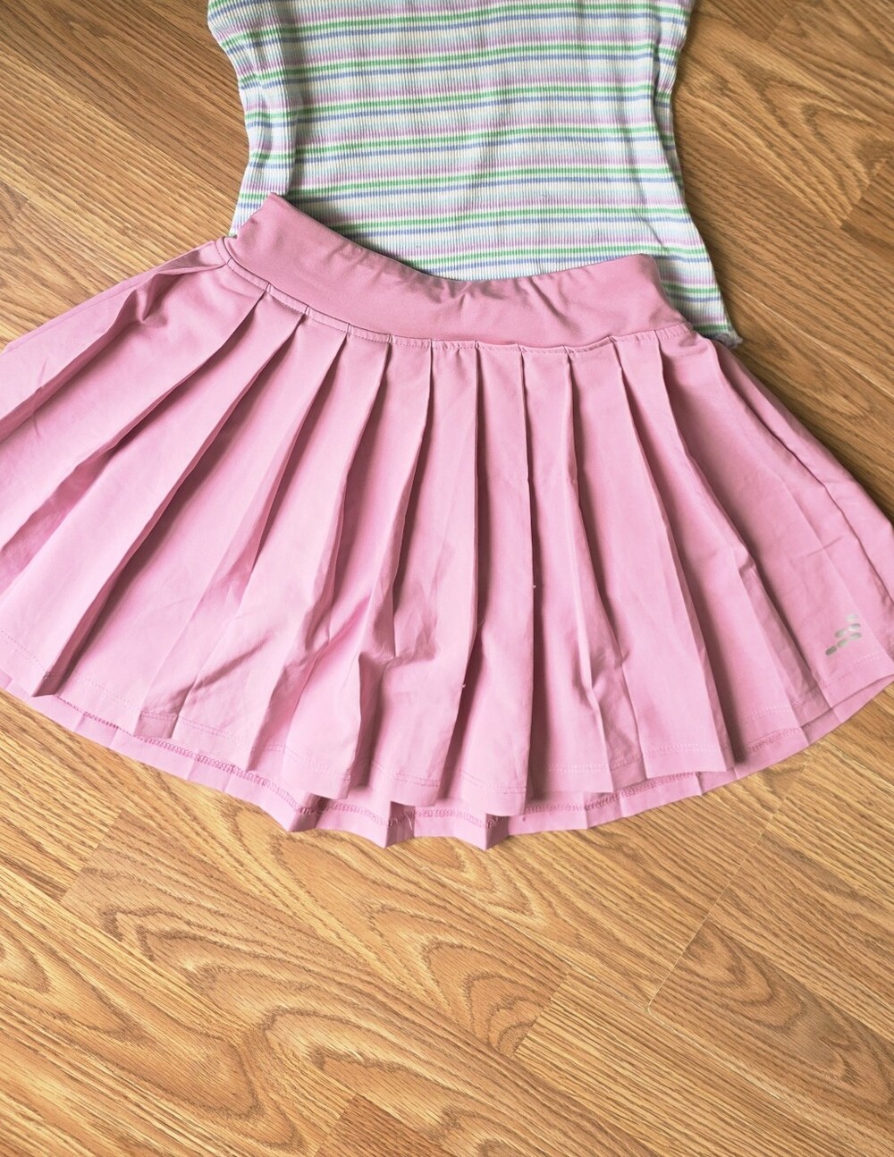 Striped Pastel Tee with Pink Pleated Skirt